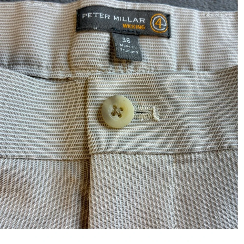 Peter Millar Mens 36 Crown Sport Wicking Golf Shorts Tan White Micro Stripe 9in